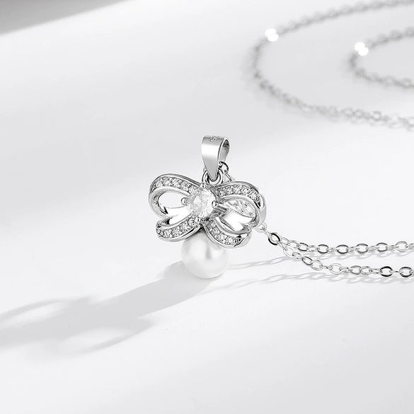 Wholesale S925 Sterling Silver Women's Clavicle Necklace Bow Personality Pendant