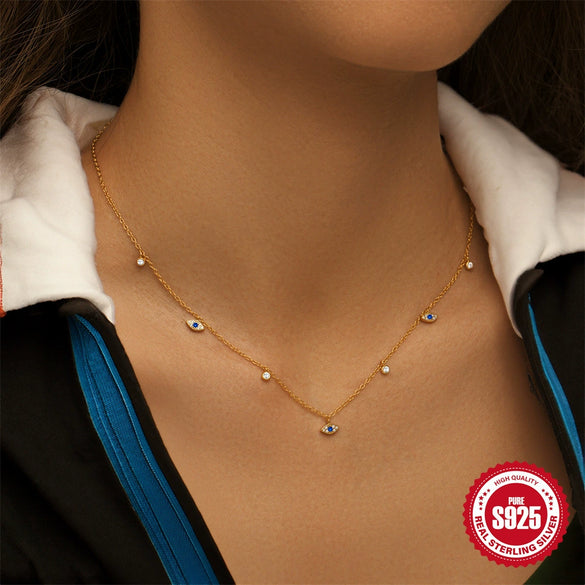 Wholesale S925 Sterling Silver Women's Fashion Devil's Eye With Zircon Necklace Electroplated Geometric Ochain Clavicle Chain