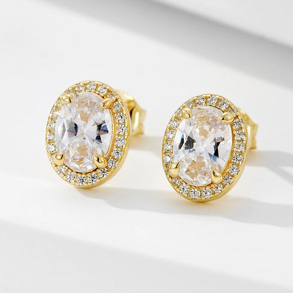Wholesale S925 Sterling Silver Women's Fashionable Luxury Geometric Oval Stud Earrings Set With Diamonds