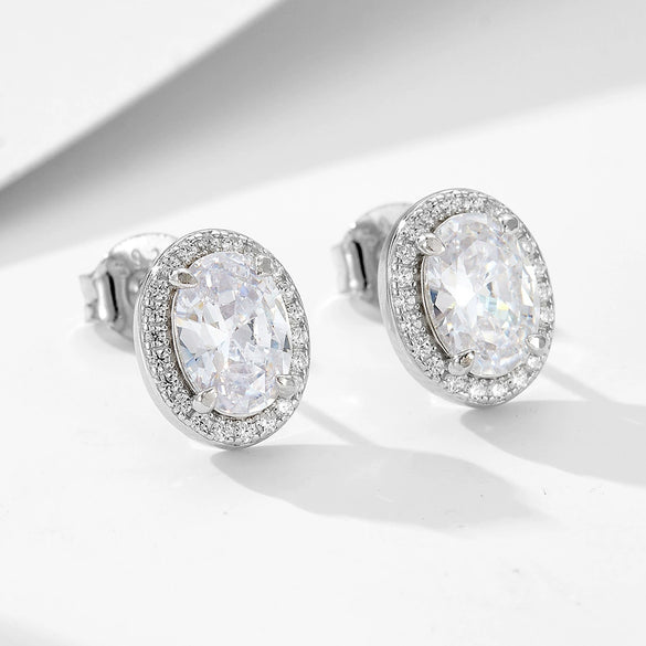 Wholesale S925 Sterling Silver Women's Fashionable Luxury Geometric Oval Stud Earrings Set With Diamonds