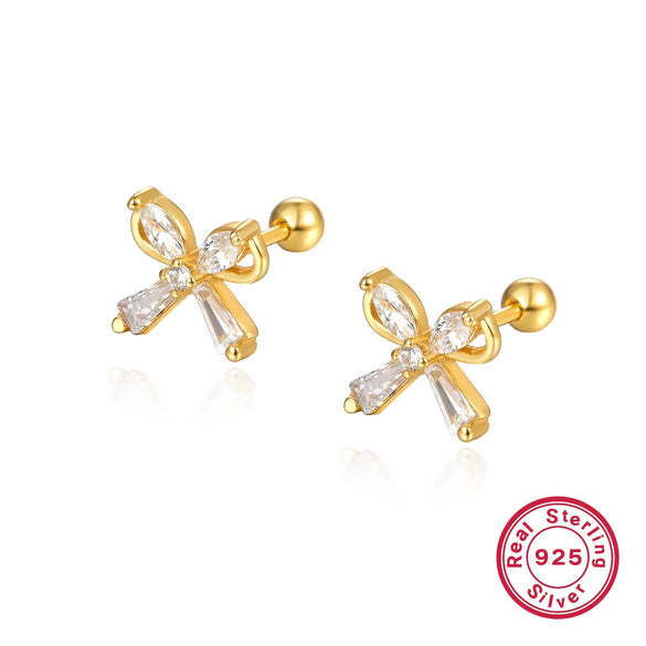 Wholesale S925 Sterling Silver Zircon Bow Nut Niche Design Screw Ear Bone Nail Earrings For Women
