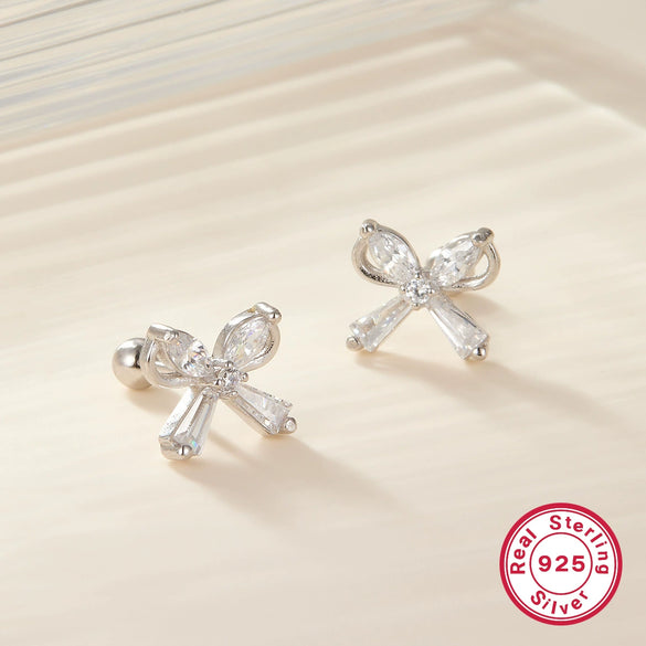 Wholesale S925 Sterling Silver Zircon Bow Nut Niche Design Screw Ear Bone Nail Earrings For Women