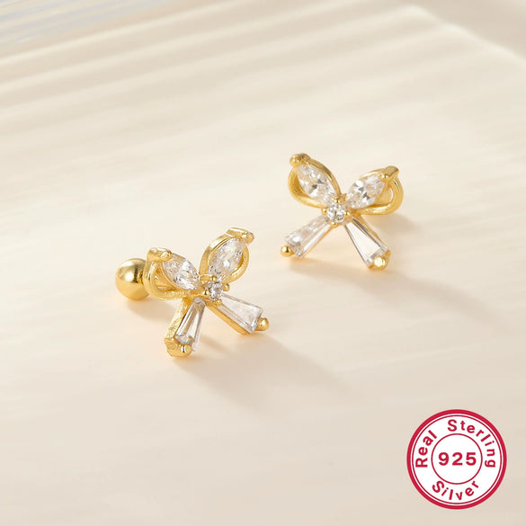 Wholesale S925 Sterling Silver Zircon Bow Nut Niche Design Screw Ear Bone Nail Earrings For Women