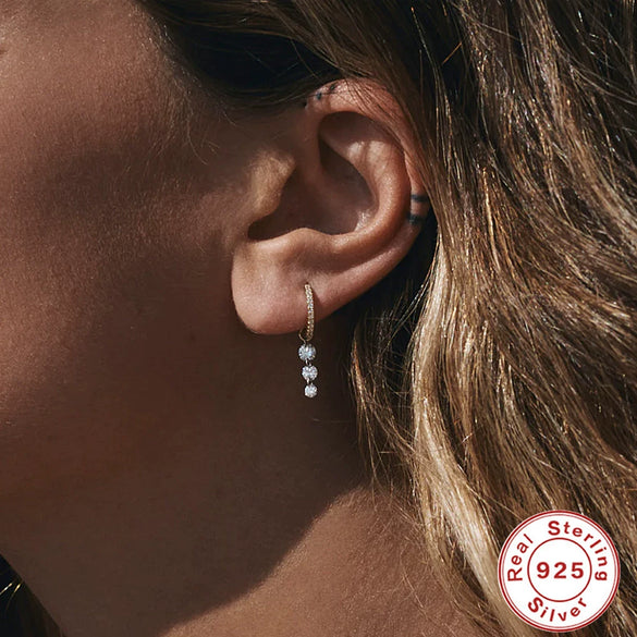 Wholesale S925 Sterling Silver Zircon Earrings With Pendant Triple Perforated Geometric Highend Fashion Women's Earrings