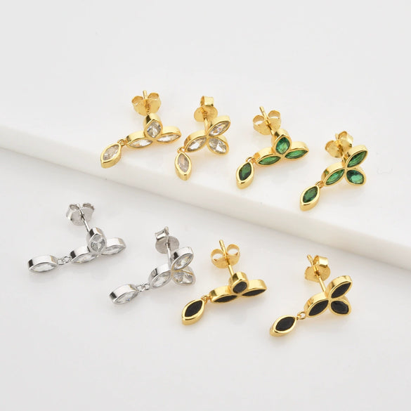 Wholesale S925 Sterling Silver Zircon Hanging Chain Earring With Plant Flower Design And Platinum Or 18K Gold Electroplating