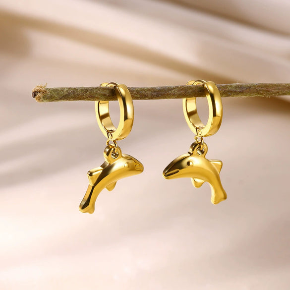 Wholesale Seaside Beach Wind Marine Life Series Stainless Steel Earrings With Starfish Conch Dolphin Seahorse Octopus Geometric Design Electroplated