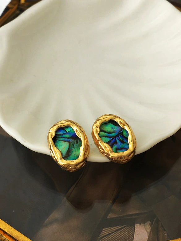 Wholesale Self Designed Geometric Oval Irregular Shell Earrings For Women S925 Silver Needle Copper With Real Gold Electroplated