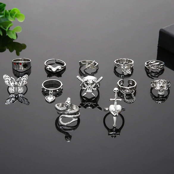 Wholesale Set Ring Punk Style Snakeshaped Butterfly Animal Combination Alloy Electroplated 12Piece Set