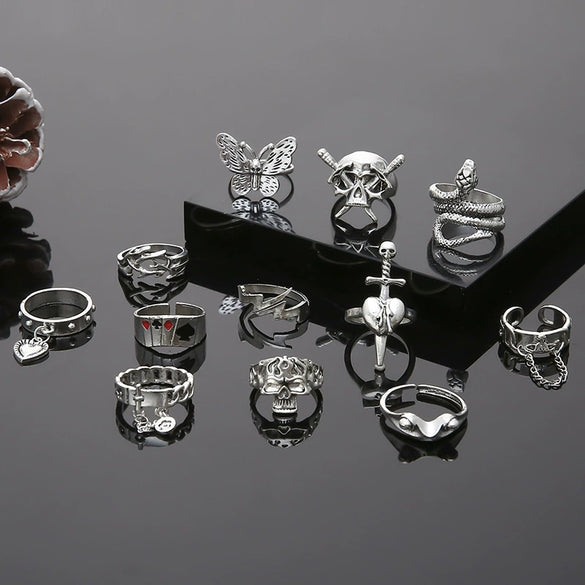 Wholesale Set Ring Punk Style Snakeshaped Butterfly Animal Combination Alloy Electroplated 12Piece Set