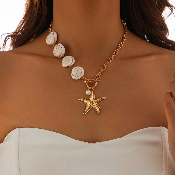 Wholesale Shell Alloy Imitation Pearls Geometric Handmade Women's Niche Natural Starfish Mermaid Casual Clavicle Necklace