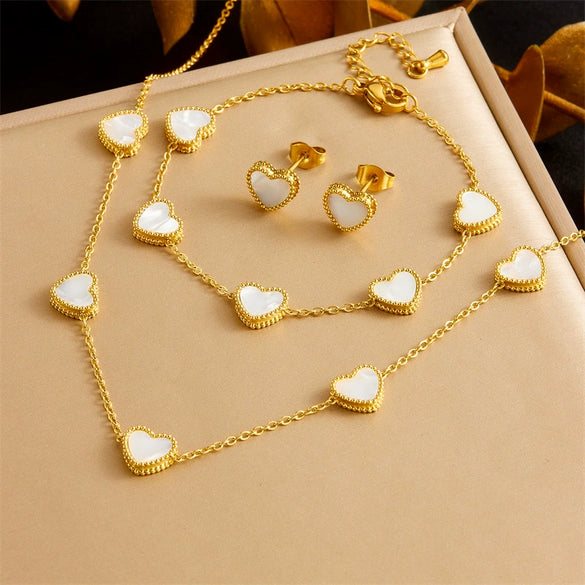 Wholesale Shell Love Retro Temperament Stainless Steel Clavicle Chain Earrings Necklace Bracelet Set With Electroplating And Love Water Drops Bells Pattern For Women