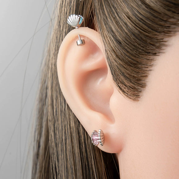Wholesale Shell Pattern Titanium Steel Electroplated Double Head Screw Ear Bone Nail Cochlear Earrings For Women
