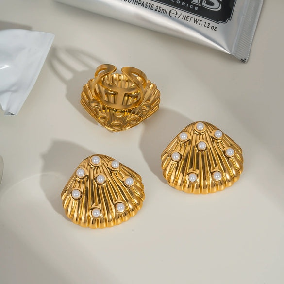 Wholesale Shell Pearl Earrings And Ring Set In Stainless Steel With Minimalist Style And Pvd Furnace Vacuum Real Gold Plating