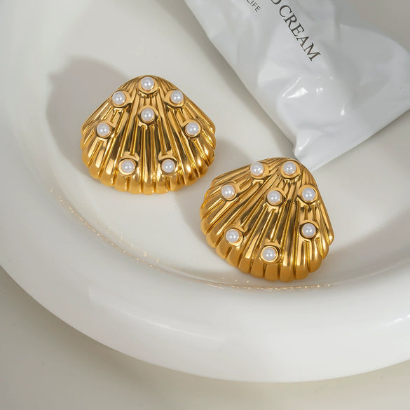 Wholesale Shell Pearl Earrings And Ring Set In Stainless Steel With Minimalist Style And Pvd Furnace Vacuum Real Gold Plating