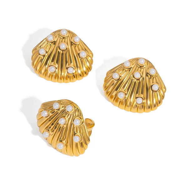 Wholesale Shell Pearl Earrings And Ring Set In Stainless Steel With Minimalist Style And Pvd Furnace Vacuum Real Gold Plating