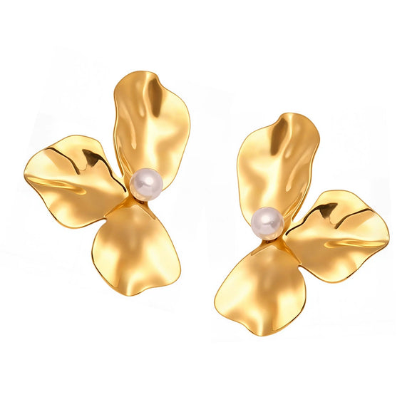 Wholesale Shell Pearl Pleated Petal Geometric Earrings Stainless Steel Electroplated Unique Design For Women