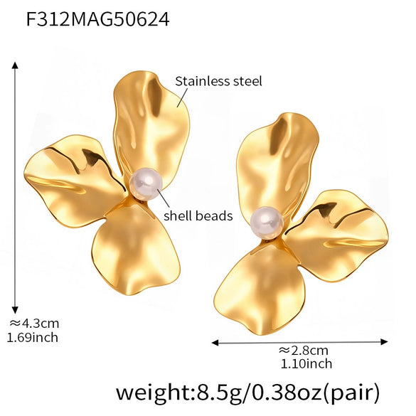 Wholesale Shell Pearl Pleated Petal Geometric Earrings Stainless Steel Electroplated Unique Design For Women