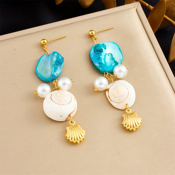 Wholesale Shell Pearl Stainless Steel Jewelry Marine Life Electroplated Women's Pendant Earrings Necklace Bracelet Set