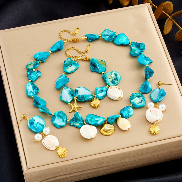Wholesale Shell Pearl Stainless Steel Jewelry Marine Life Electroplated Women's Pendant Earrings Necklace Bracelet Set