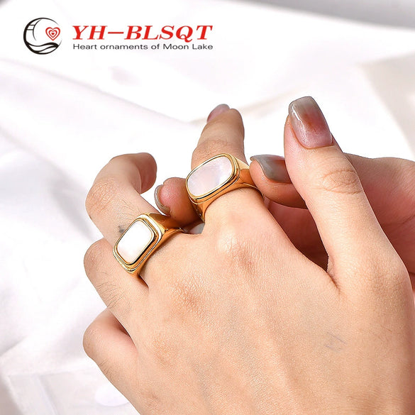 Wholesale Shell Ring Square Drop Shape Titanium Steel Polished Electroplated Men's And Women's Hand Accessories