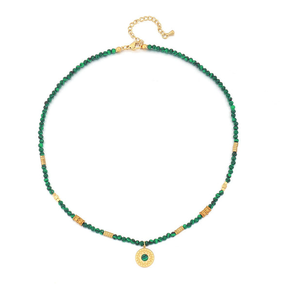 Wholesale Short Clavicle Chain Retro Style Malachite And Titanium Steel Geometric Beaded Handmade Women's Necklace