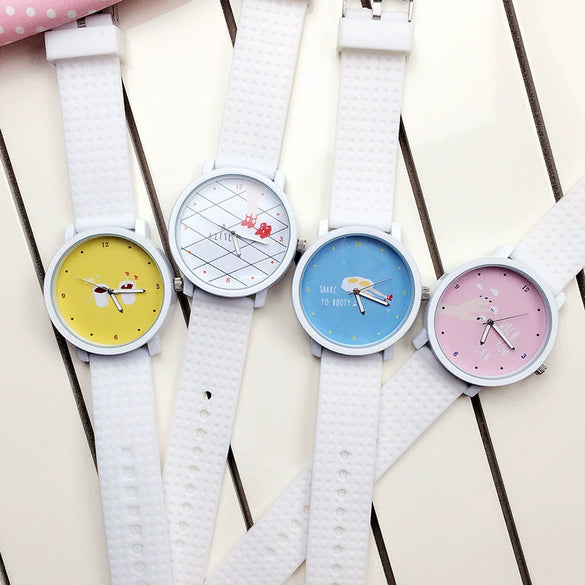 Wholesale Silicone Alloy Female Student Cartoon Round Watch With Stainless Steel Clasp