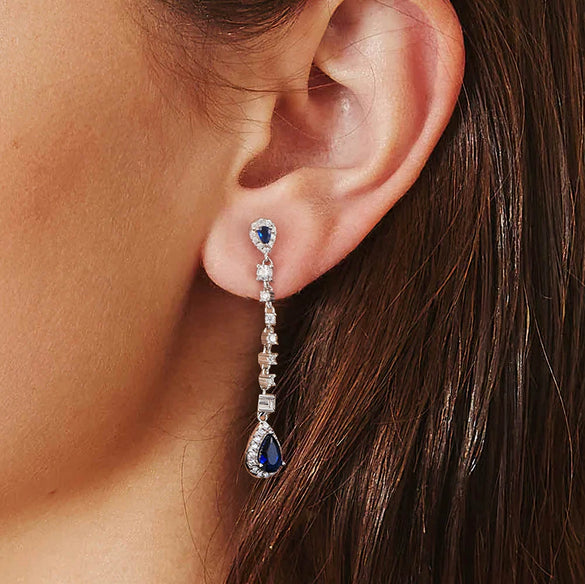 Wholesale 925 Silver Artificial Aquamarine Water Drop Zircon Tassel Geometric Earrings For Women