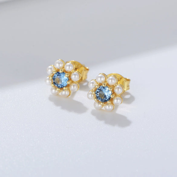 Wholesale Silver Blue Zircon Pearl Flower Design Electroplated Women's Earrings