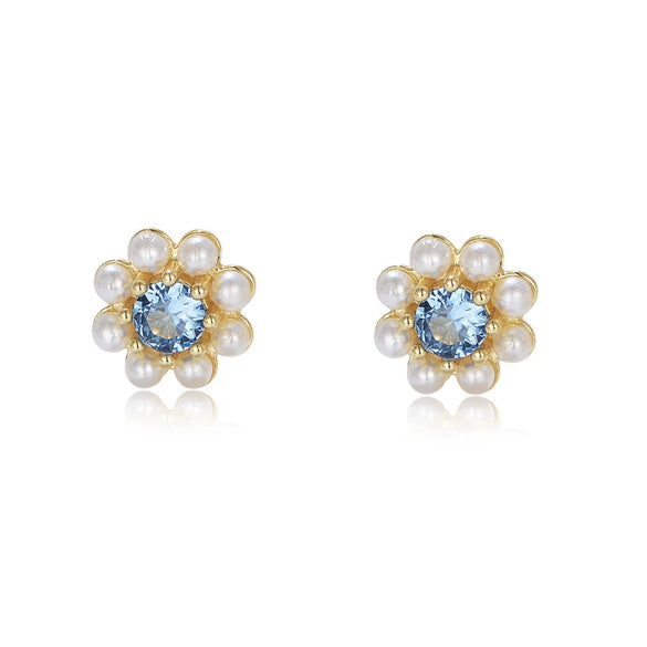 Wholesale Silver Blue Zircon Pearl Flower Design Electroplated Women's Earrings