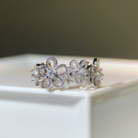 Wholesale Silver Daisy Open Ring Handmade Retro Carved Electroplated For Women