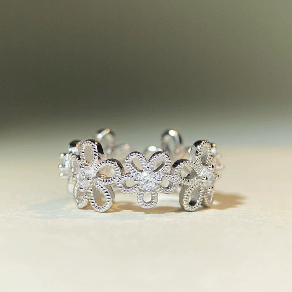 Wholesale Silver Daisy Open Ring Handmade Retro Carved Electroplated For Women
