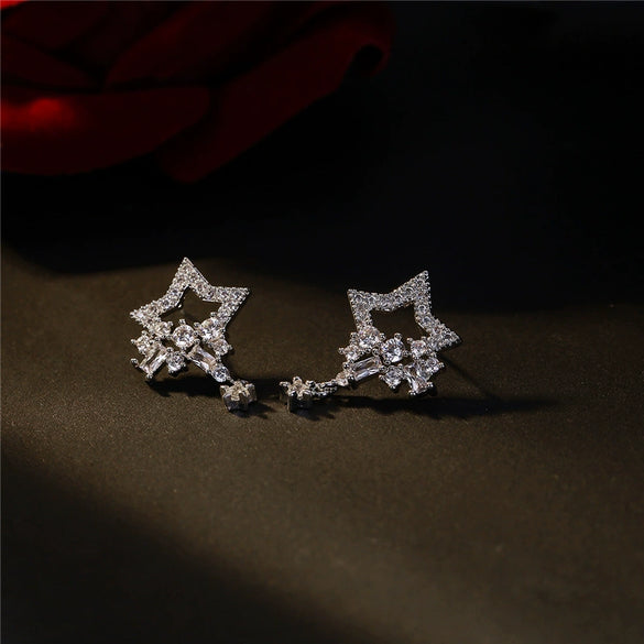 Wholesale Silver Earrings With Star Tassel And Water Drop Zircon Electroplated
