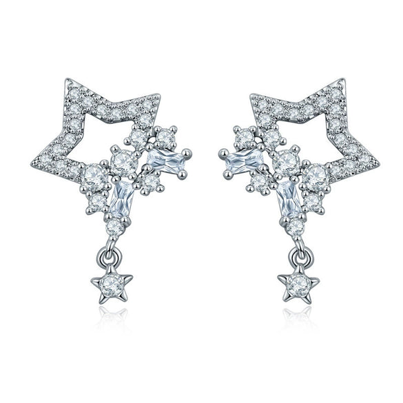 Wholesale Silver Earrings With Star Tassel And Water Drop Zircon Electroplated