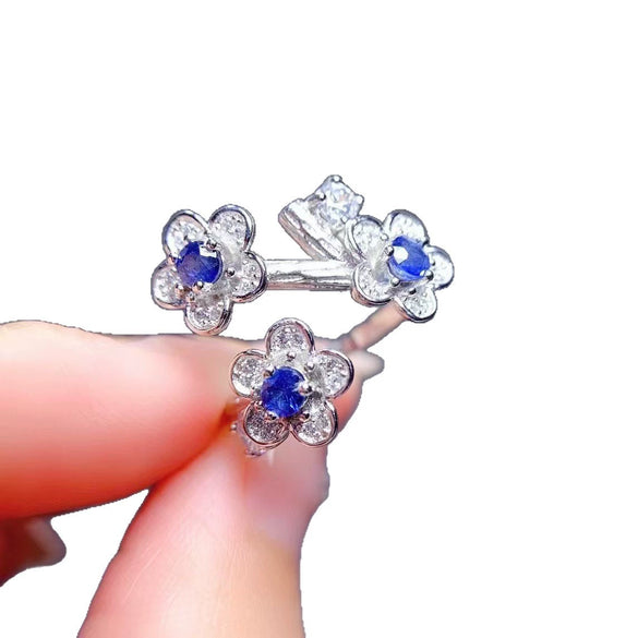 Wholesale 925 Silver Electroplated Fairy Style Flower Pattern Ring Inlaid With Natural Sapphire For Women