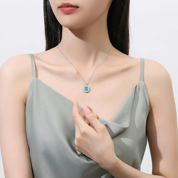 Wholesale Silver Floral Aquamarine Necklace With Geometric Style And Diamond For Women