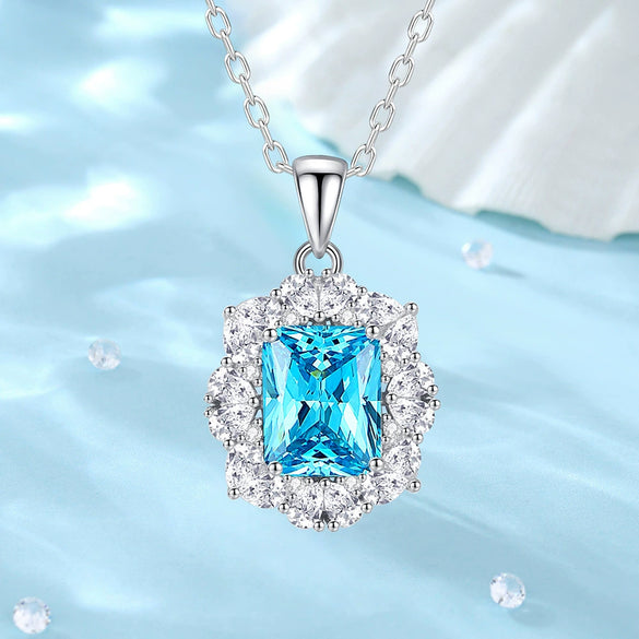 Wholesale Silver Floral Aquamarine Necklace With Geometric Style And Diamond For Women