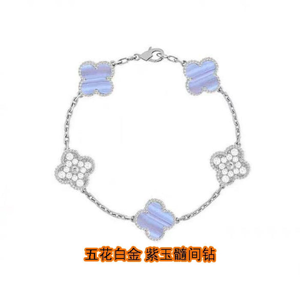 Wholesale Silver Fourleaf Clover And Flower Style Bracelet Set With Gems