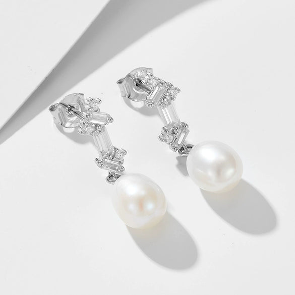 Wholesale Silver French Retro Freshwater Pearl Inlaid Geometric Square Pendant Earrings For Women