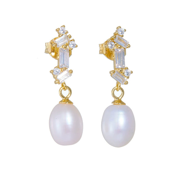 Wholesale Silver French Retro Freshwater Pearl Inlaid Geometric Square Pendant Earrings For Women