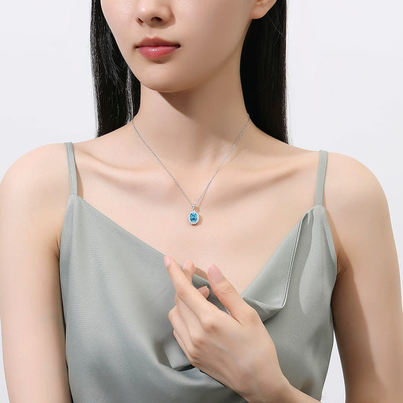 Wholesale Silver Geometric Oval Sea Blue Gemstone Pendant Necklace For Women