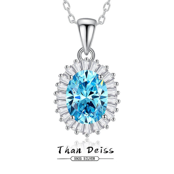 Wholesale Silver Geometric Oval Sea Blue Gemstone Pendant Necklace For Women