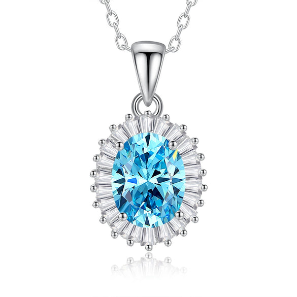 Wholesale Silver Geometric Oval Sea Blue Gemstone Pendant Necklace For Women