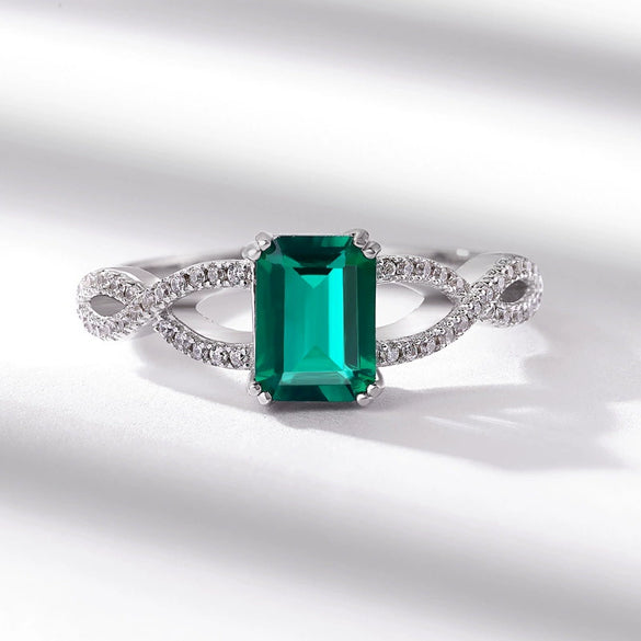 Wholesale Silver Geometric Rectangular Retro Twist Ring For Women Inlaid With Cultivation Emerald