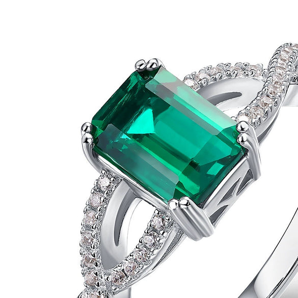 Wholesale Silver Geometric Rectangular Retro Twist Ring For Women Inlaid With Cultivation Emerald
