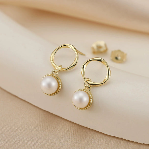 Wholesale Silver Geometric Style Earrings With Real Gold Electroplated Bread Beads And Pearl