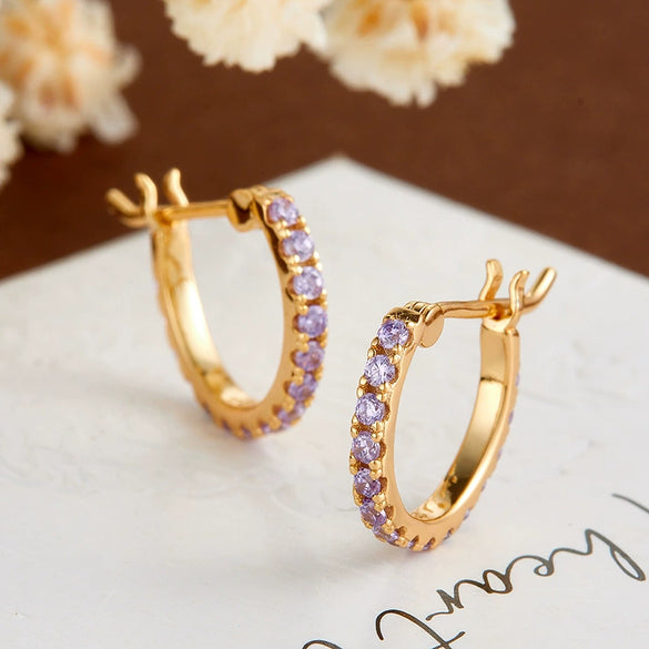 Wholesale 925 Silver 14K Gold Plated Light Purple Red Zirconium Row Drill Earrings For Women