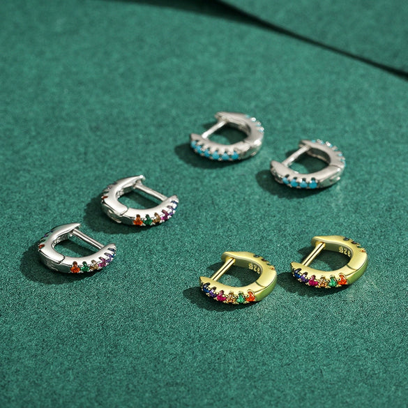 Wholesale 925 Silver Mini Sweet Cute Women's Earrings With Color Zircon And Turquoise Micro Inlay Geometric Design