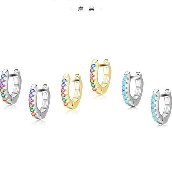 Wholesale 925 Silver Mini Sweet Cute Women's Earrings With Color Zircon And Turquoise Micro Inlay Geometric Design