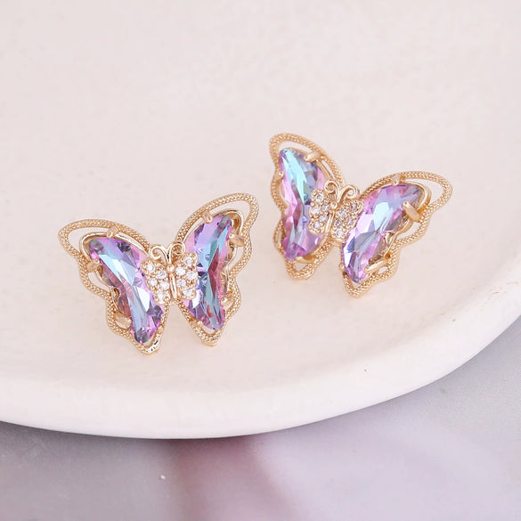 Wholesale 925 Silver Needle Gradient Butterfly Copper Micro Inlaid Earrings
