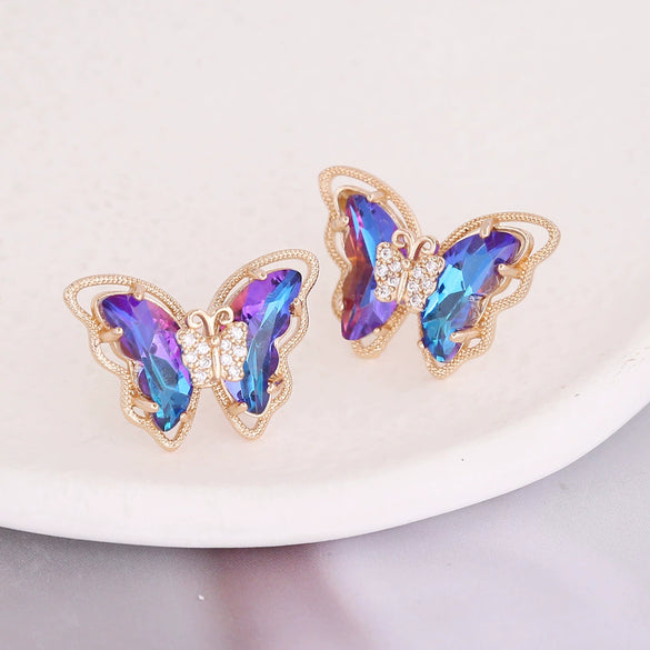 Wholesale 925 Silver Needle Gradient Butterfly Copper Micro Inlaid Earrings
